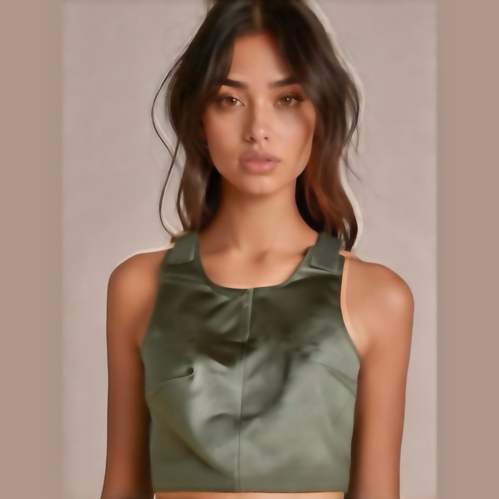 New H&M Olive Green Stretch Poplin Cropped Buckle Strap Halter Top Size S